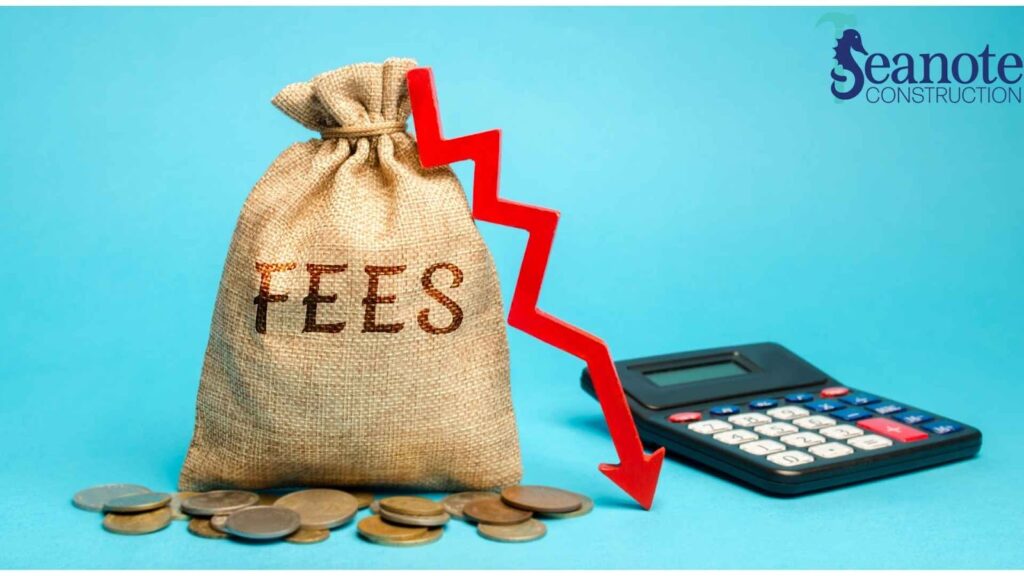 Bag of fees, arrow, calculator, and coins.