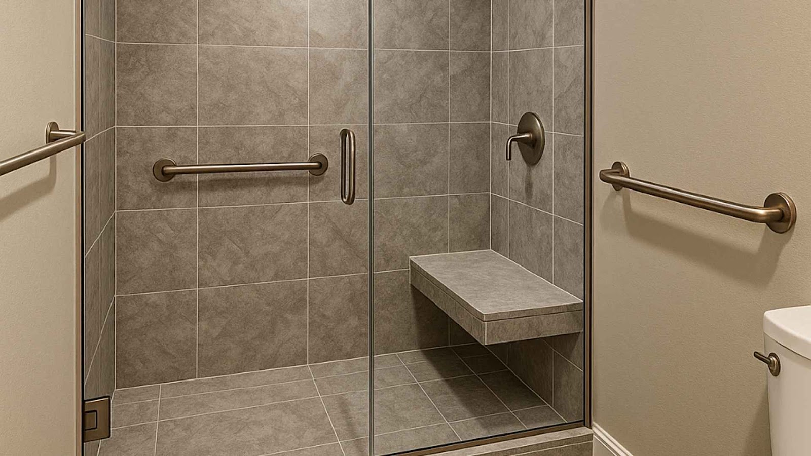 Accessible bathroom with grab bars and tiled shower