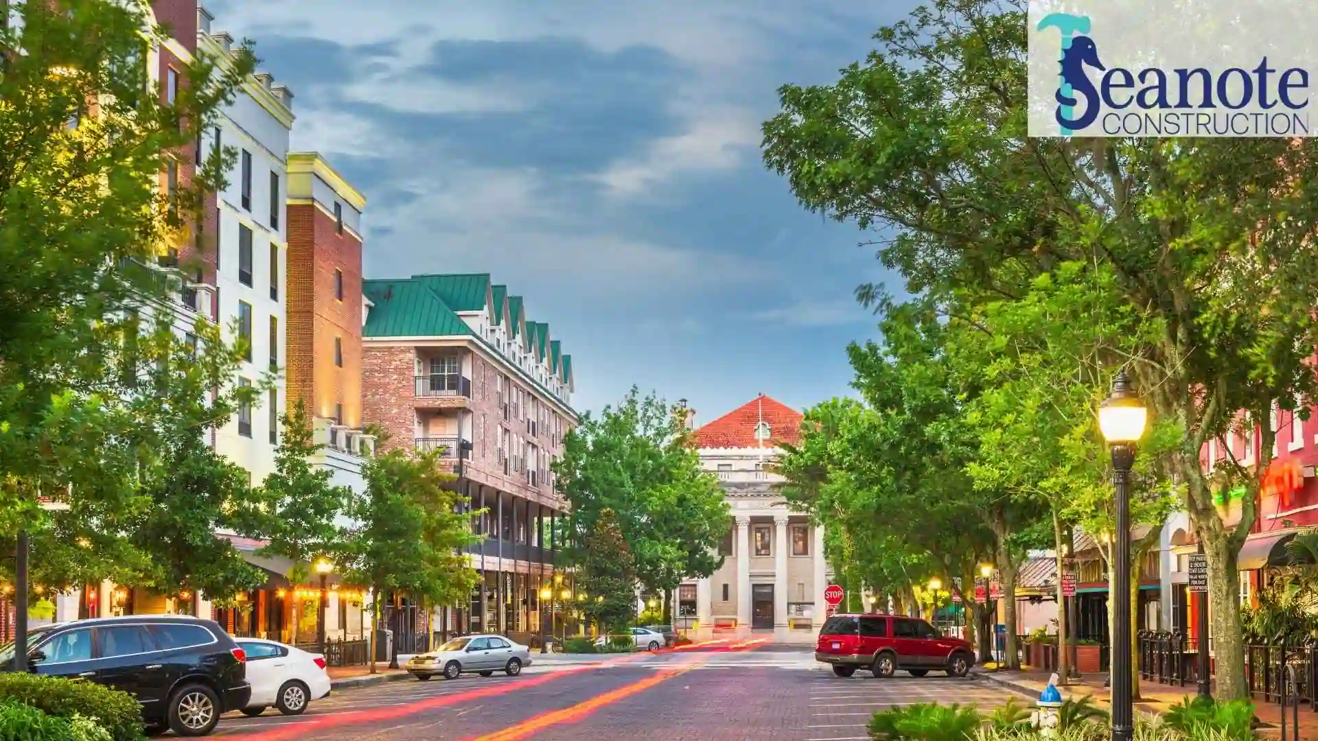 An image of a commercial district in downtown Gainesville, where construction services are often needed.