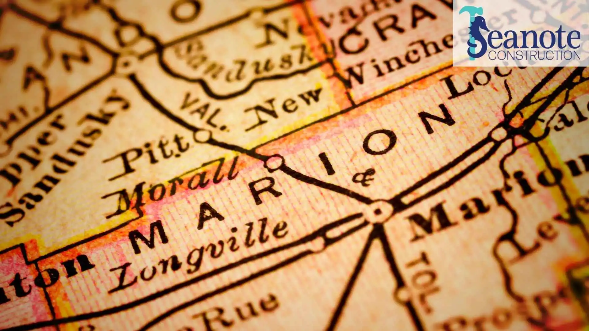 A close up image of a map showing Marion county, FL, where commercial construction is on the rise.
