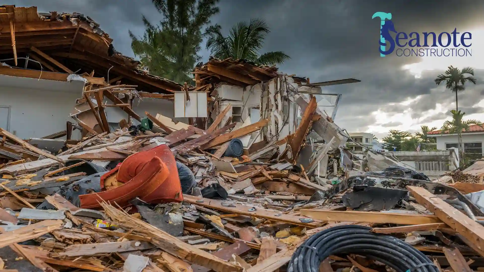 House destroyed with debris after severe storm