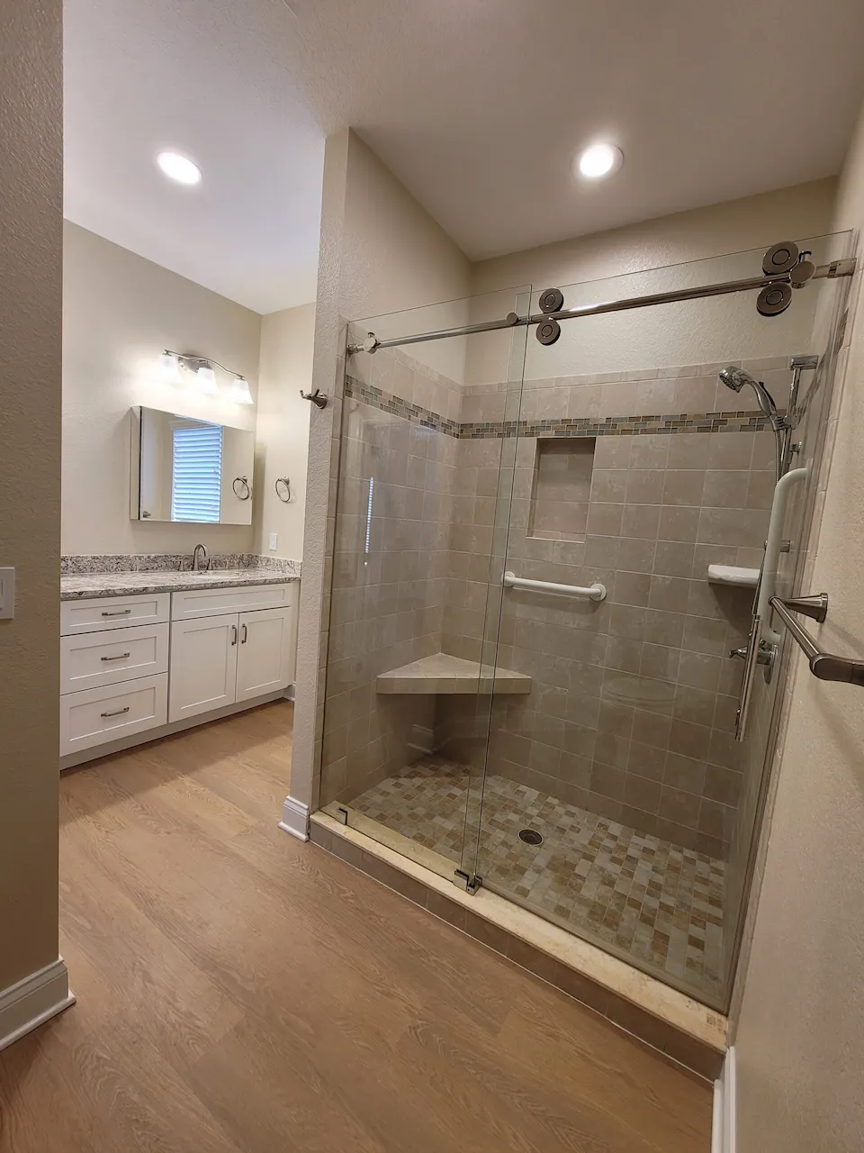 Modern bathroom with glass shower enclosure