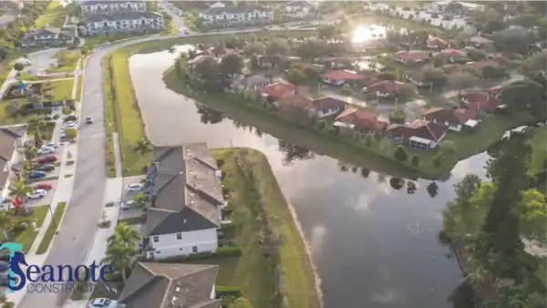 Aerial view of lakeside suburban neighborhood